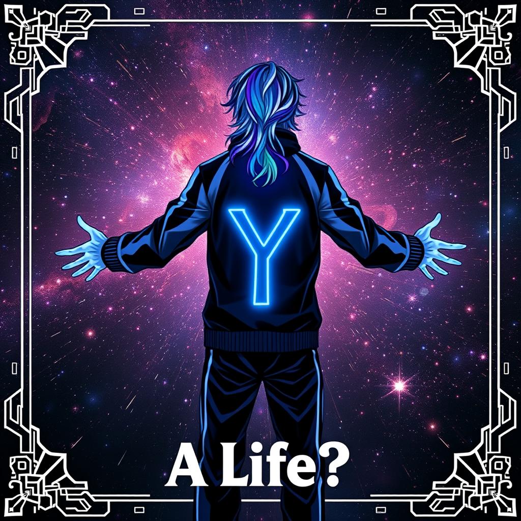 A captivating image of a male character adorned in a striking black and white striped design jacket and matching track pants, standing confidently with his back to the viewer, facing the mesmerizing and infinite eternal space filled with vibrant stars and cosmic wonders