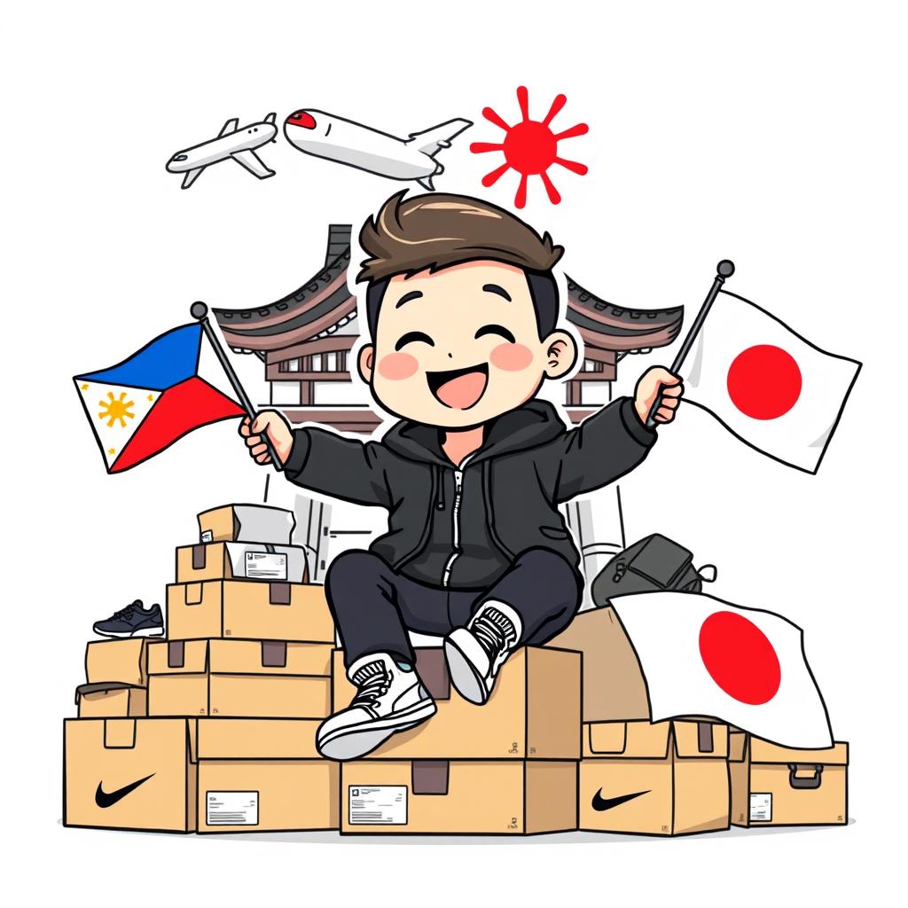 An illustration logo featuring a chibi-style smiling man wearing a black jacket and Nike shoes