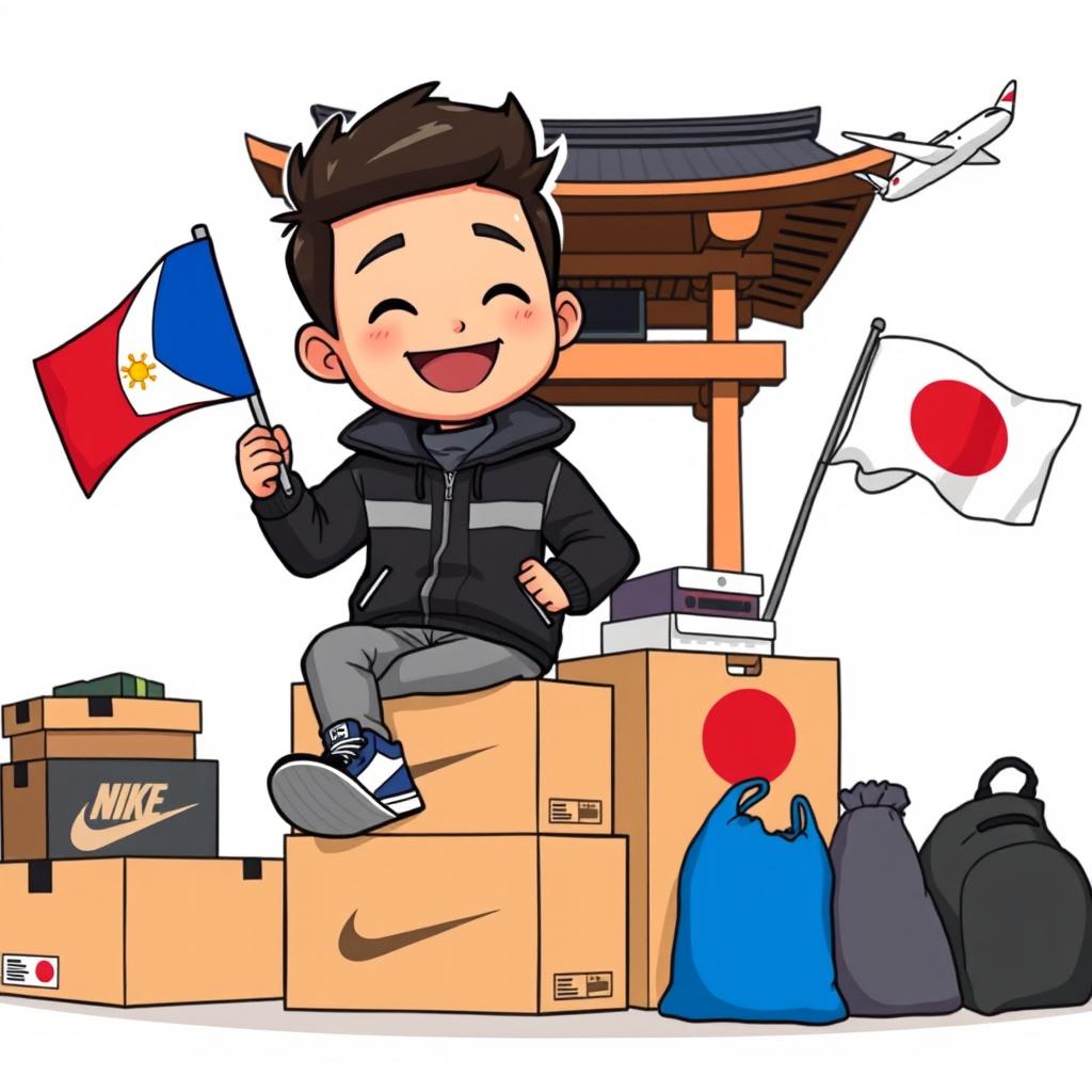 An illustration logo depicting a chibi smiling man dressed in a black jacket and Nike shoes