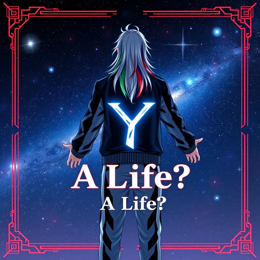 An engaging image of a male character clad in a striking black and white striped jacket and matching track pants, standing with his back turned towards the viewer, gazing into the vast eternal space adorned with shimmering stars and cosmic wonders