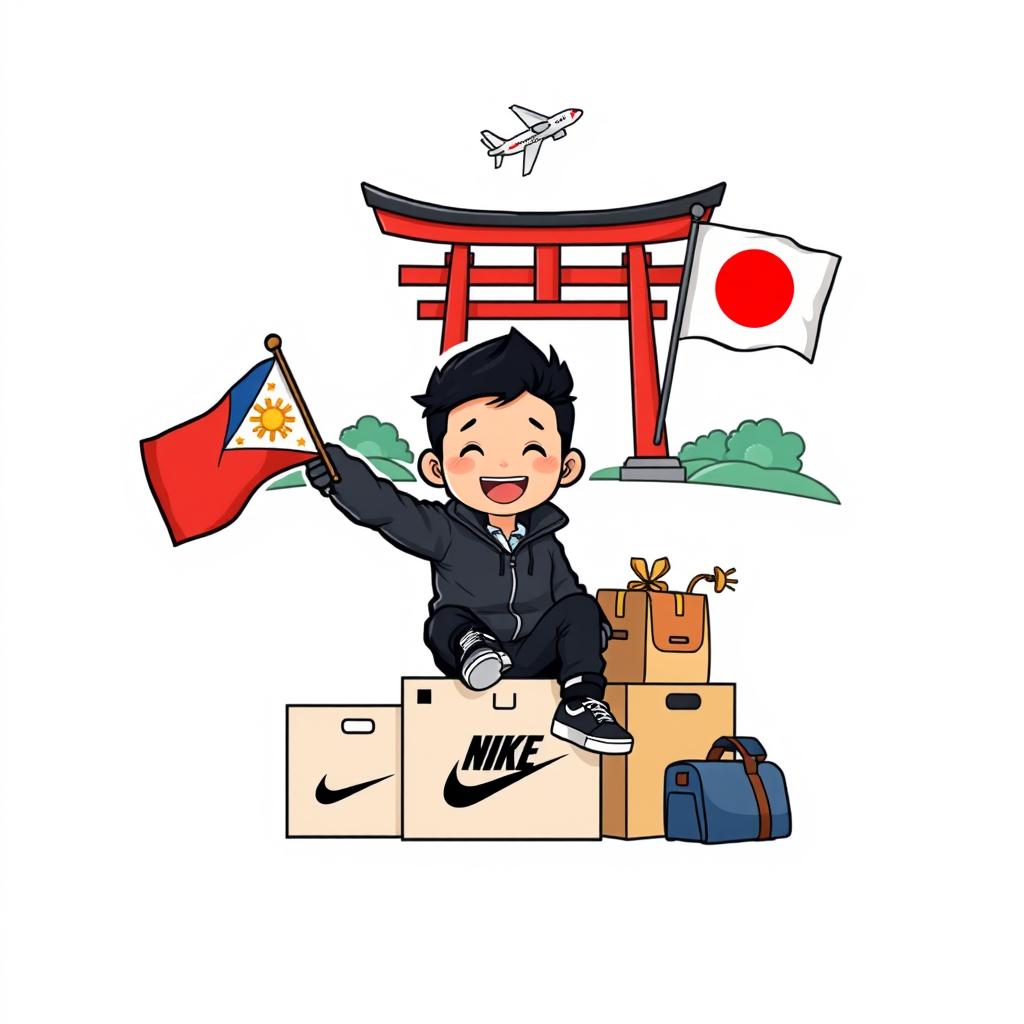 An illustration logo featuring a chibi-style smiling man wearing a black jacket and Nike shoes