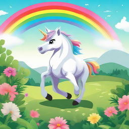 A magical unicorn prancing in a lush green field with a rainbow in the background.