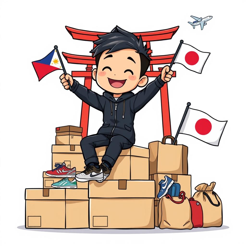 An illustration logo showcasing a chibi-style smiling man dressed in a black jacket and Nike shoes