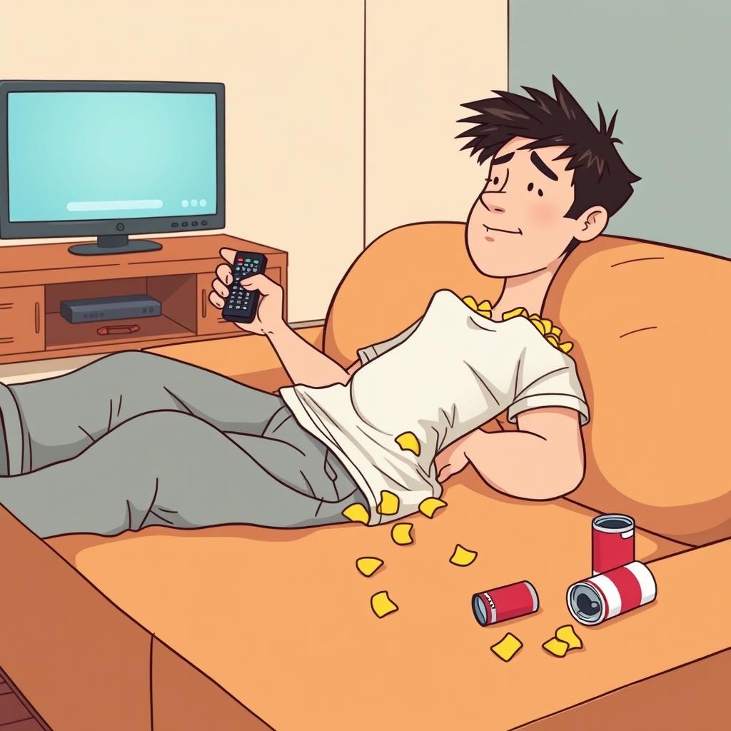 A cartoon illustration of a guy lounging comfortably on an oversized couch, slouched back with his legs stretched out lazily