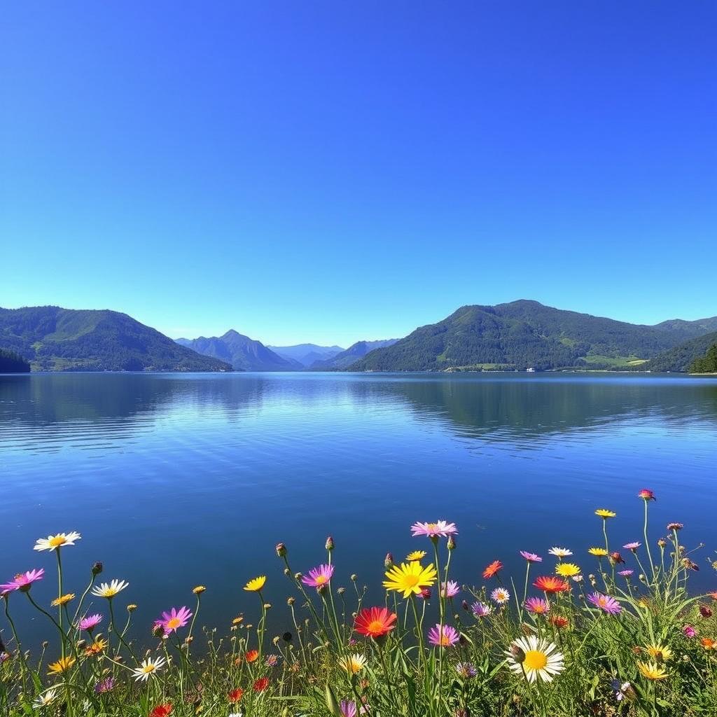 A serene landscape featuring a tranquil lake surrounded by lush green mountains, with a clear blue sky overhead