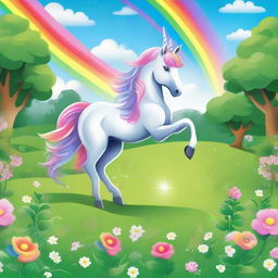 A magical unicorn prancing in a lush green field with a rainbow in the background.