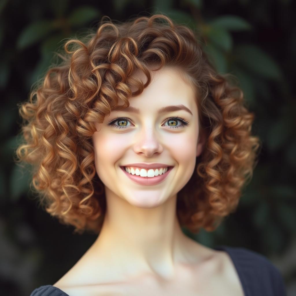 A young woman with beautiful, voluminous curly hair, showcasing achromatopsia