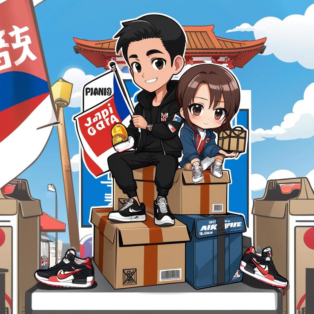 Create an illustration logo of a anime  man wearing jacket black jacket and nike shoes holding a PHILIPPINE flag on the left hand and JAPAN flag on the right hand while setting in a logistics boxes,beside the boxes are   boxes and bags while at the back of the boy is a japanese temple gate with lanterns with a mini airplane on top.all in plain white background.all in illustration cartoon style .