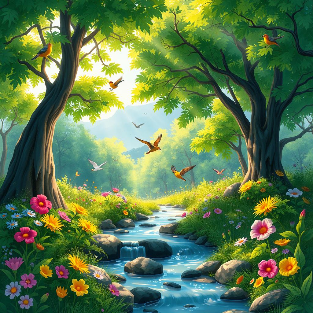A vibrant animated scene depicting a lush green forest with rays of sunlight filtering through the leaves, casting playful shadows on the forest floor
