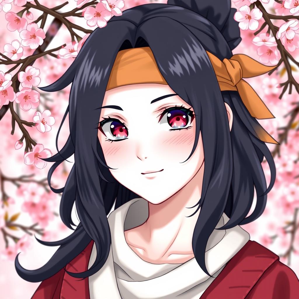 A beautiful character with wavy hair styled with a bandana, showcasing white skin and a cute smile