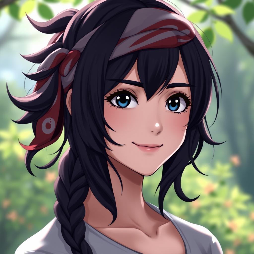 A beautiful character inspired by Sasuke, featuring realistic facial features, wavy dark hair styled with a bandana