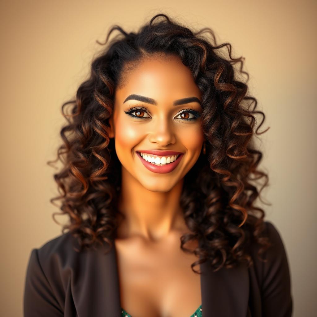 A portrait of a beautiful woman with curly hair, radiating confidence and charm