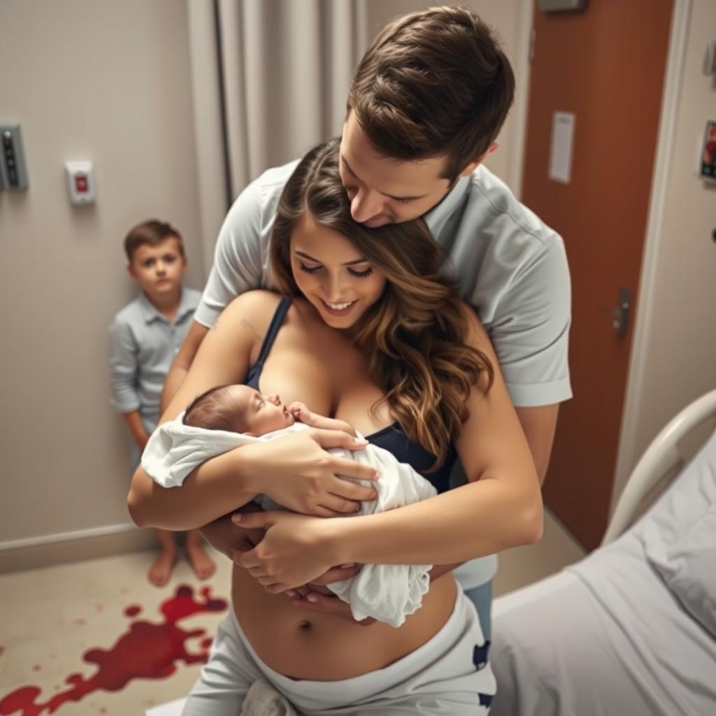 A beautiful young woman in a top, cradling her newborn baby, who has just been born