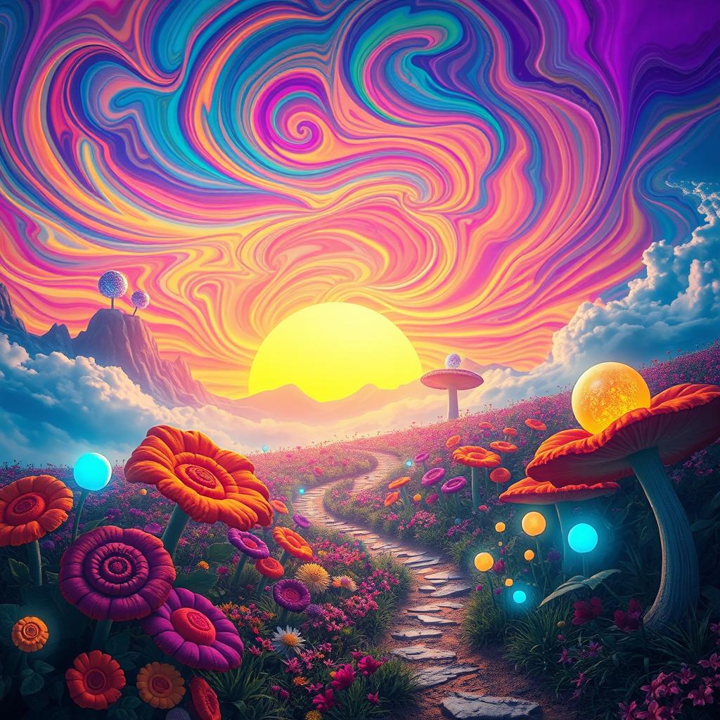 A vibrant and surreal landscape featuring a psychedelic sunset, with swirling patterns of colors in the sky