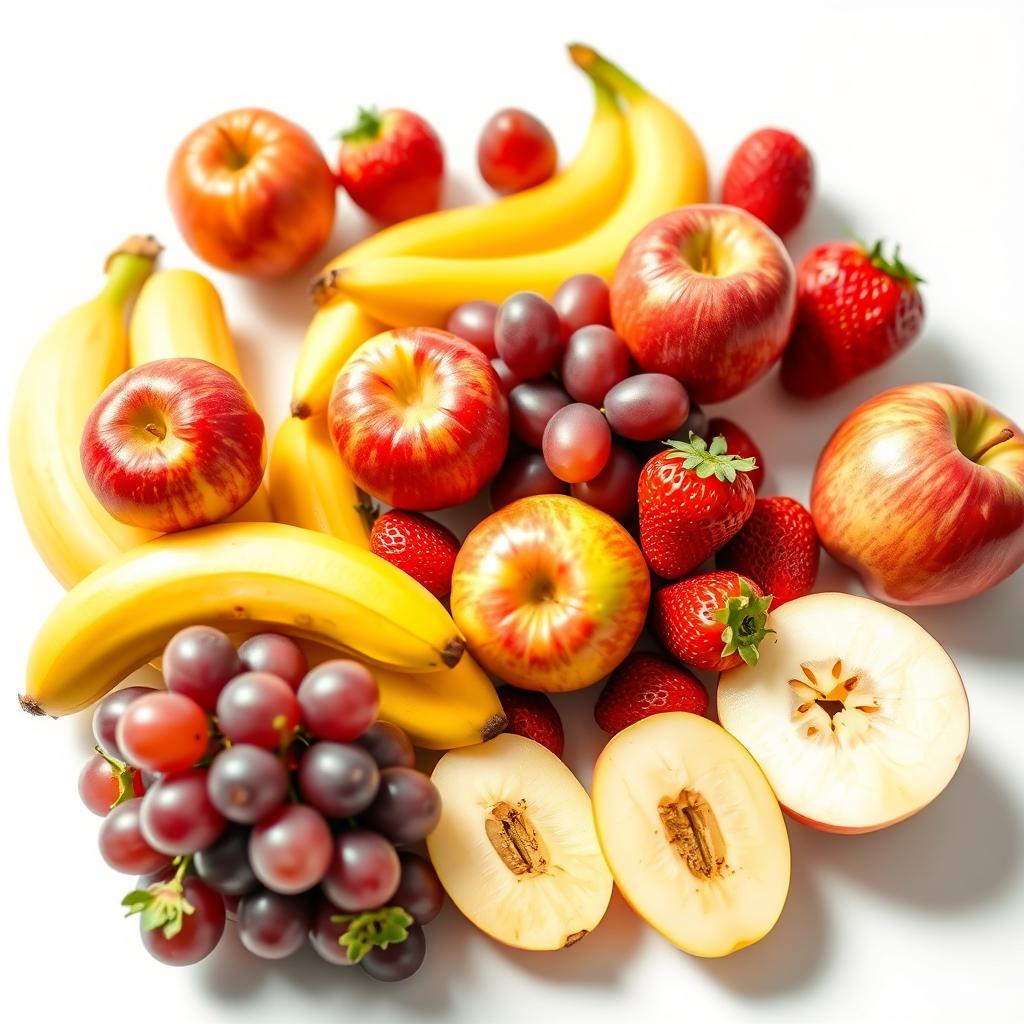 A bright and vibrant image featuring a collection of assorted fruits arranged beautifully on a white background