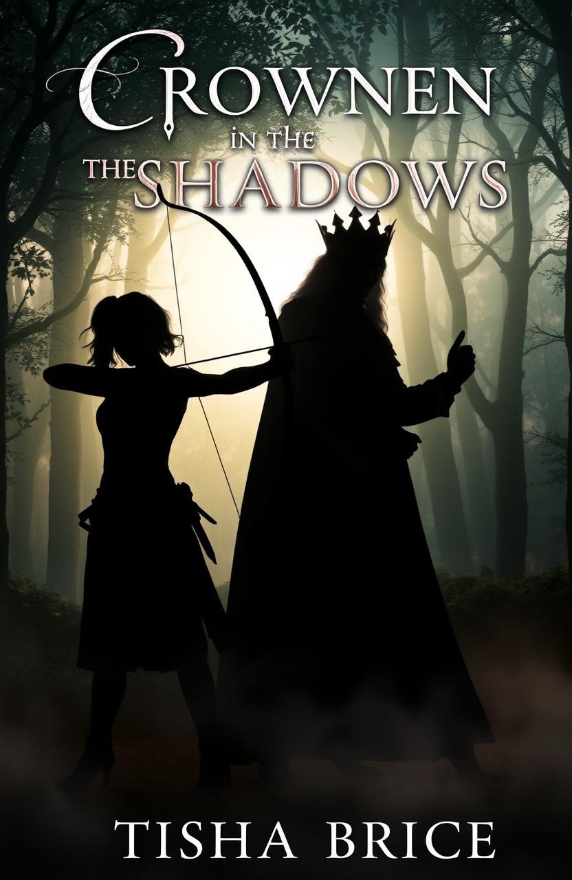 A captivating book cover for a romance fantasy novel titled "Crowned in the Shadows" by author Tisha Brice, featuring an ethereal and dramatic scene