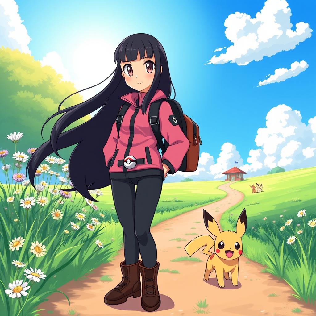 A new Pokémon trainer character in the Pokémon universe, illustrated in an anime style inspired by OLM, Inc
