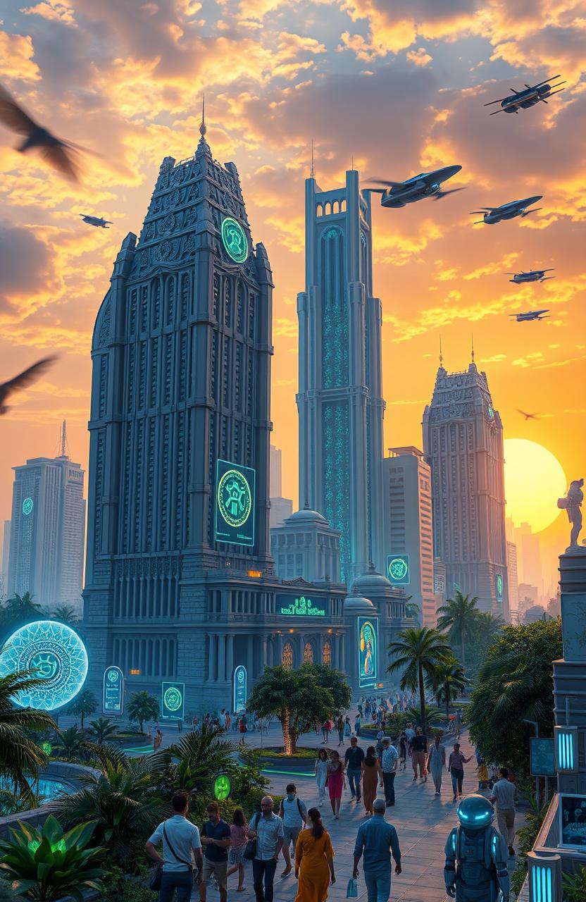 A futuristic cityscape representing an advanced version of Kalyug, showcasing a blend of ancient Indian architecture and cutting-edge technology