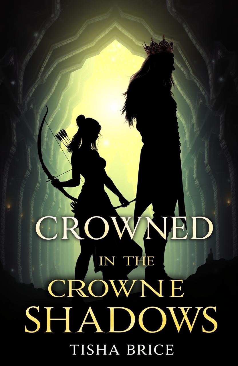 The book cover for 'Crowned in the Shadows' by Tisha Brice, featuring a silhouette of a female archer standing slightly behind the shadow of a tall prince