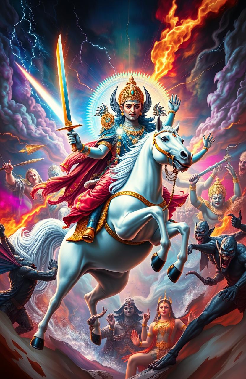 An epic and vibrant depiction of the Kalki Avatar, a majestic figure adorned in resplendent armor, riding a powerful white horse, wielding a magnificent sword that glows with divine energy