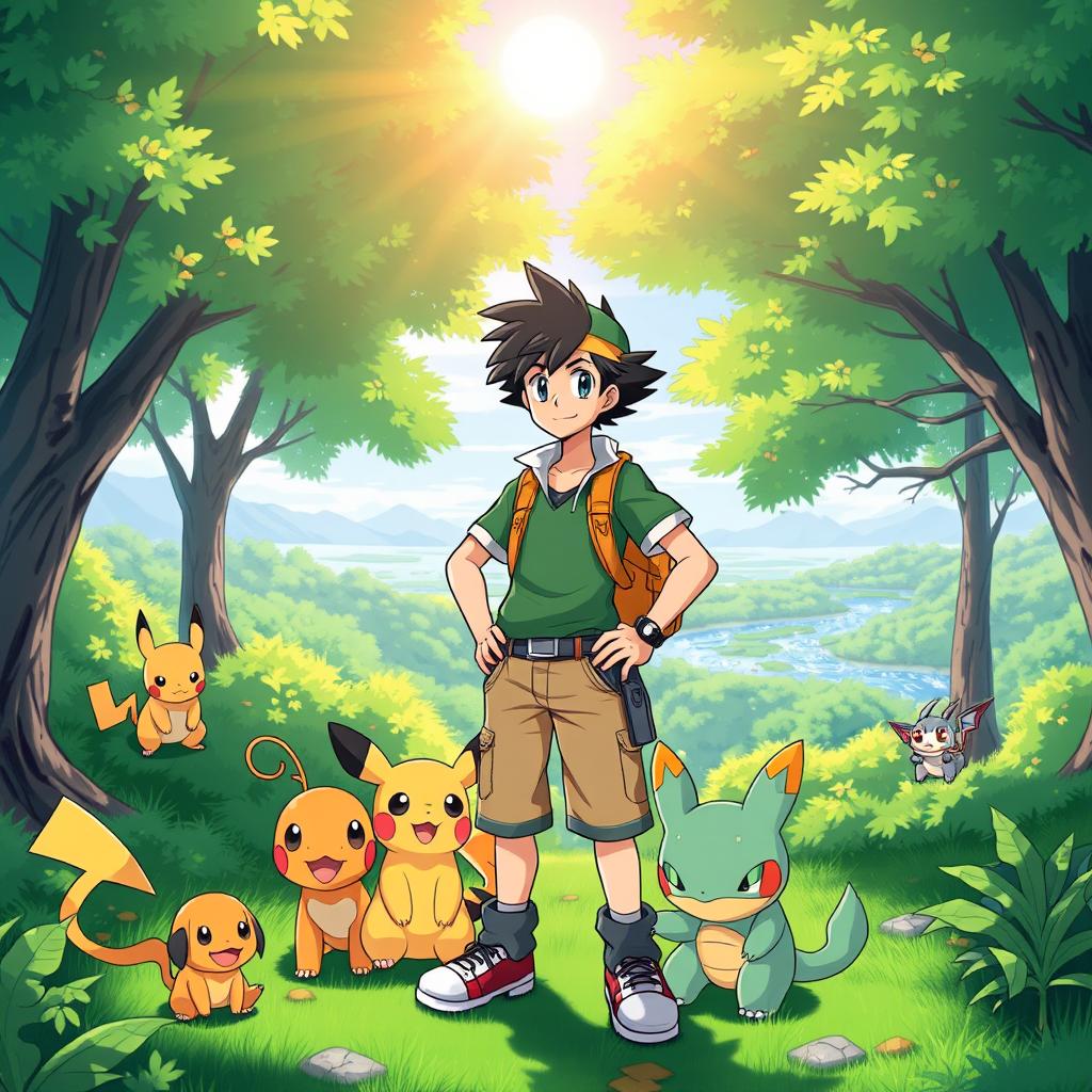 A vibrant Pokemon scenery featuring a lush green forest with various Pokemon playing around