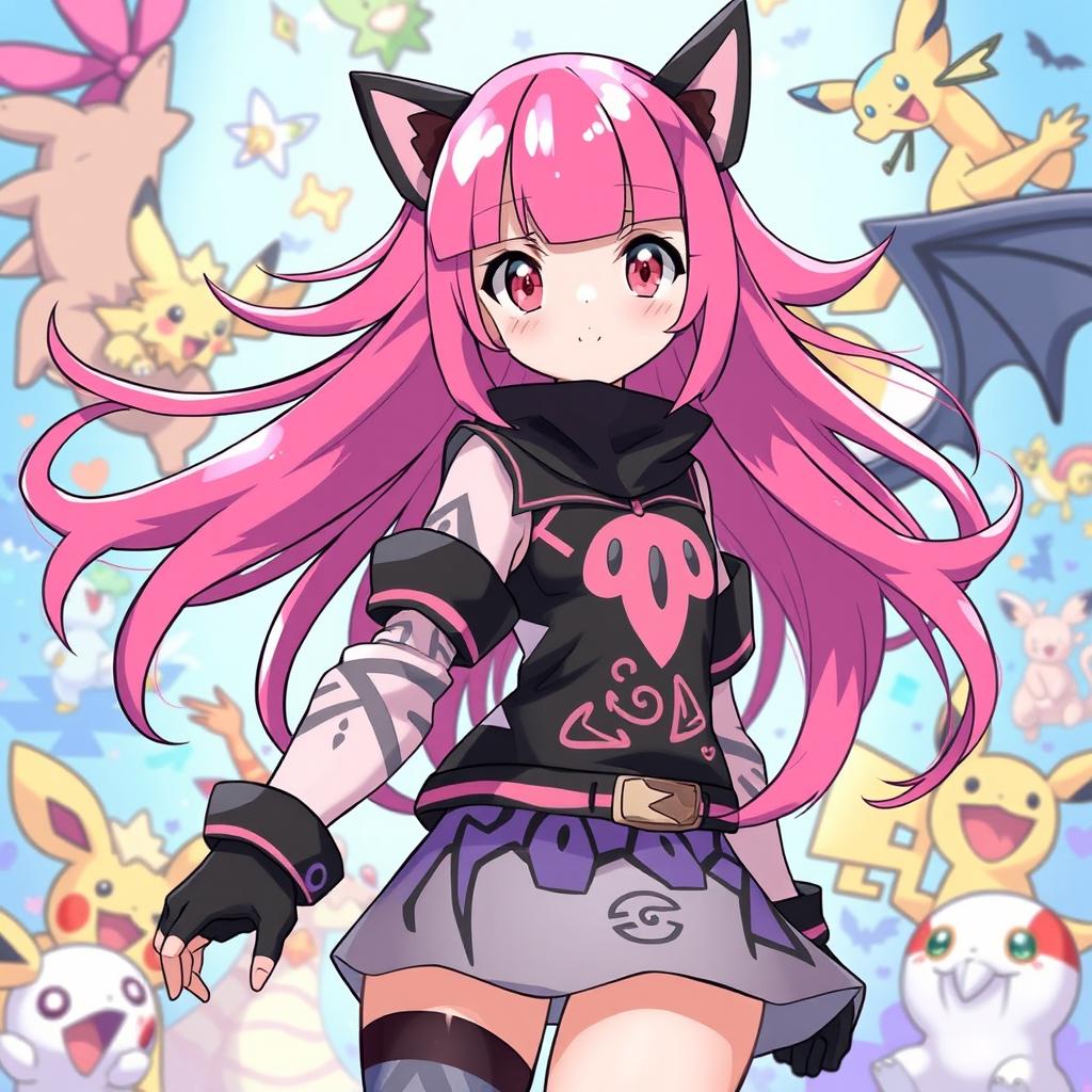 A unique Pokémon-inspired character featuring long flowing hair with bangs, predominantly colored in a striking pink and black combination