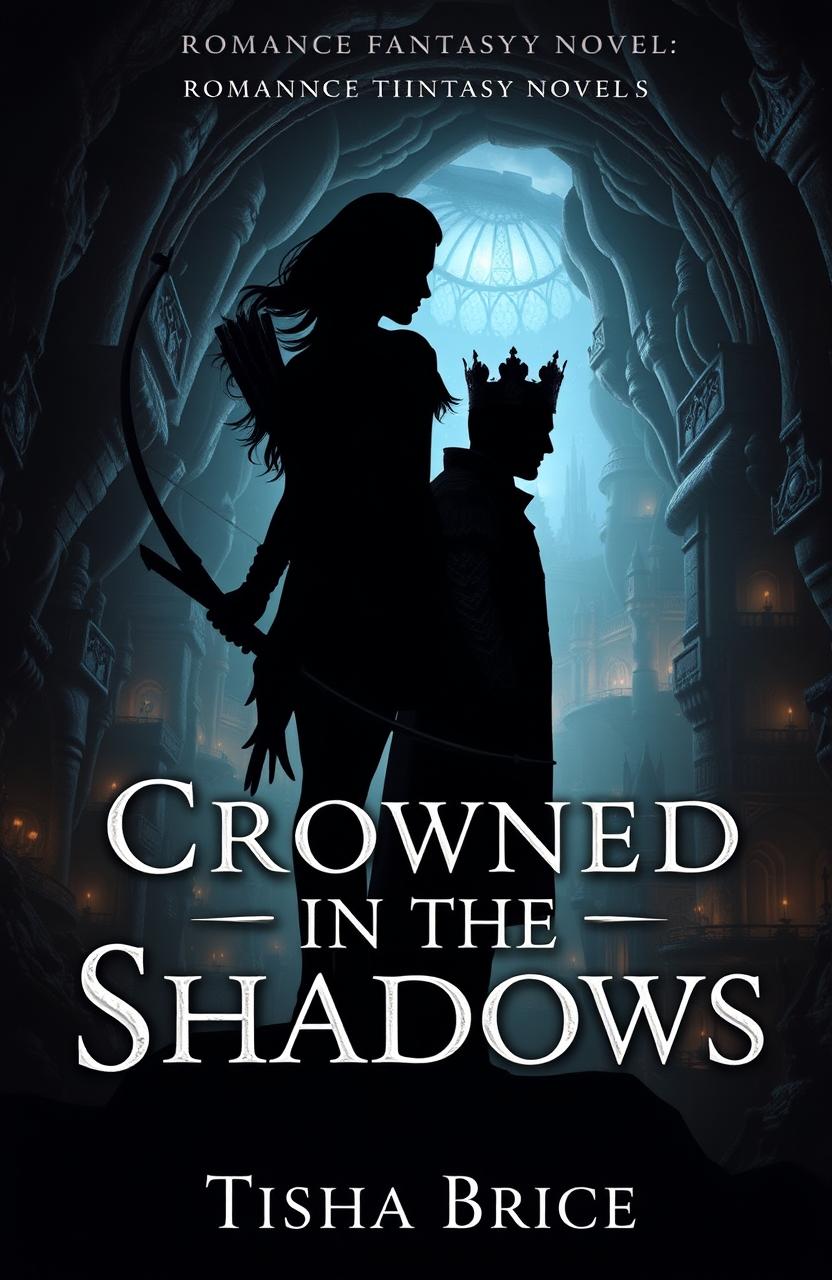 A captivating book cover for a romance fantasy novel titled 'Crowned in the Shadows' by TishaBrice