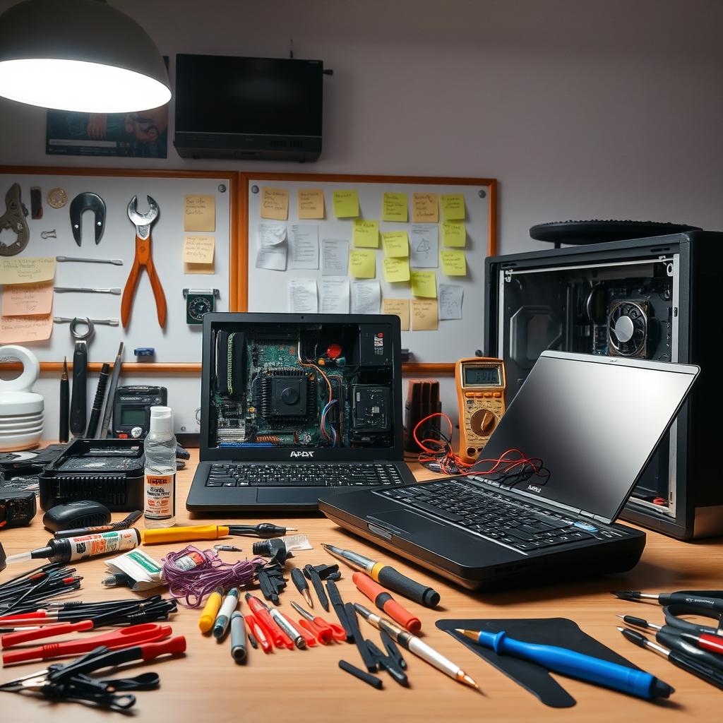 An organized workspace showcasing computer and laptop maintenance tools