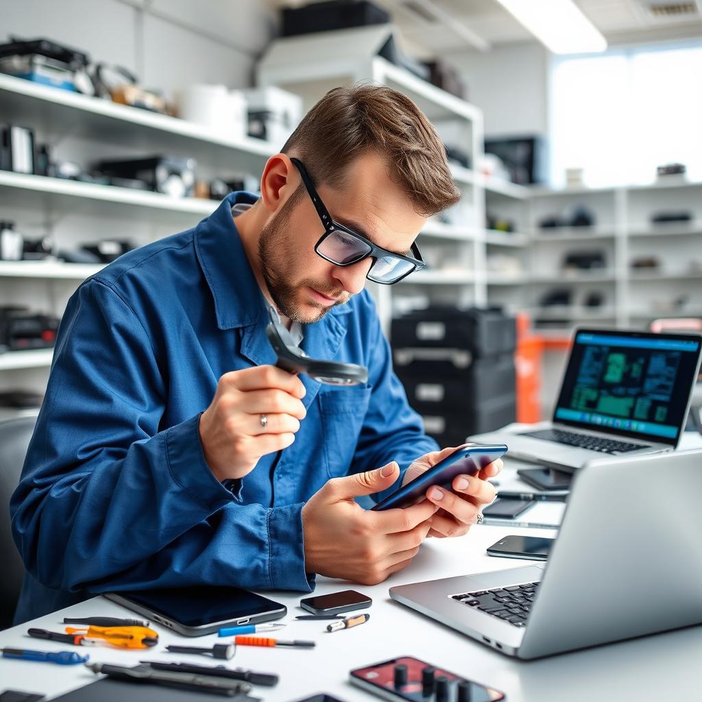 A professional technician performing maintenance on mobile phones and tablets in a clean, organized workshop