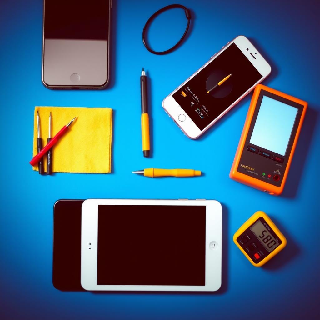 A visually appealing and informative image showing a variety of phone and tablet maintenance tools laid out on a blue background
