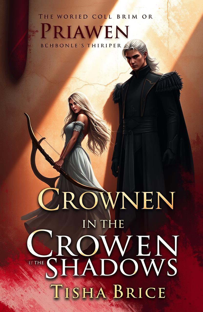 A fantasy book cover featuring a dramatic scene with a female lead standing gracefully, holding a bow in her hand, her long hair flowing down as her shadow cast on the wall