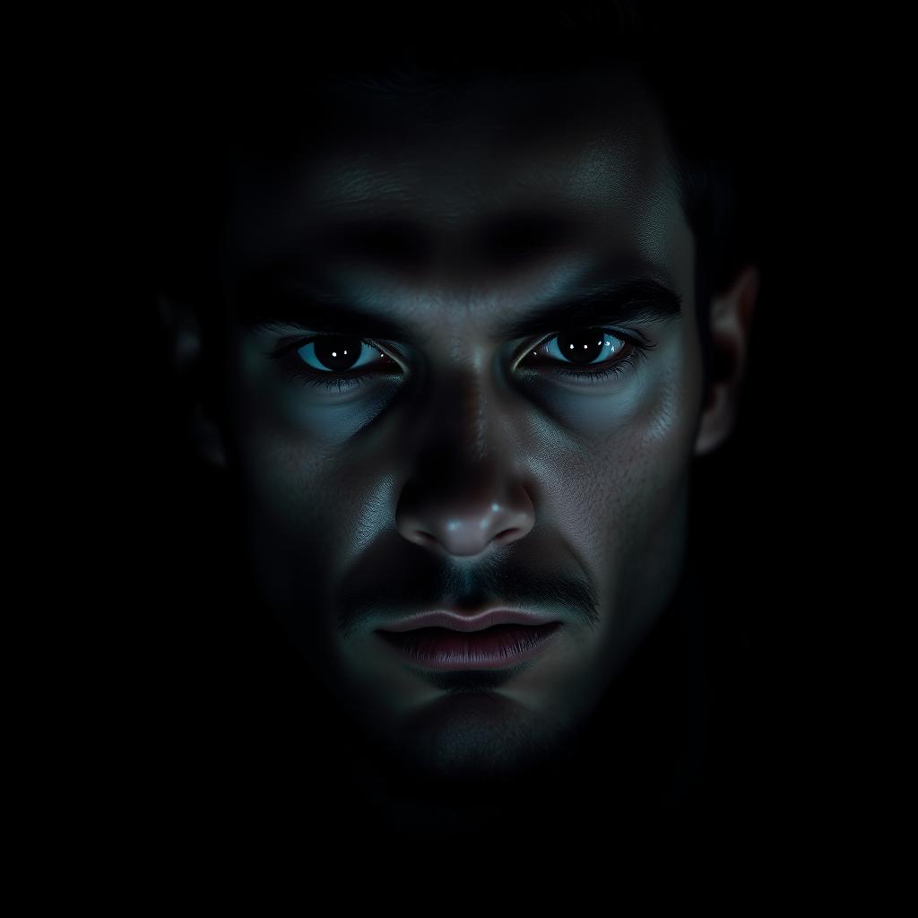 A striking high contrast portrait of a person with bold facial features, emphasizing dramatic shadows and highlights