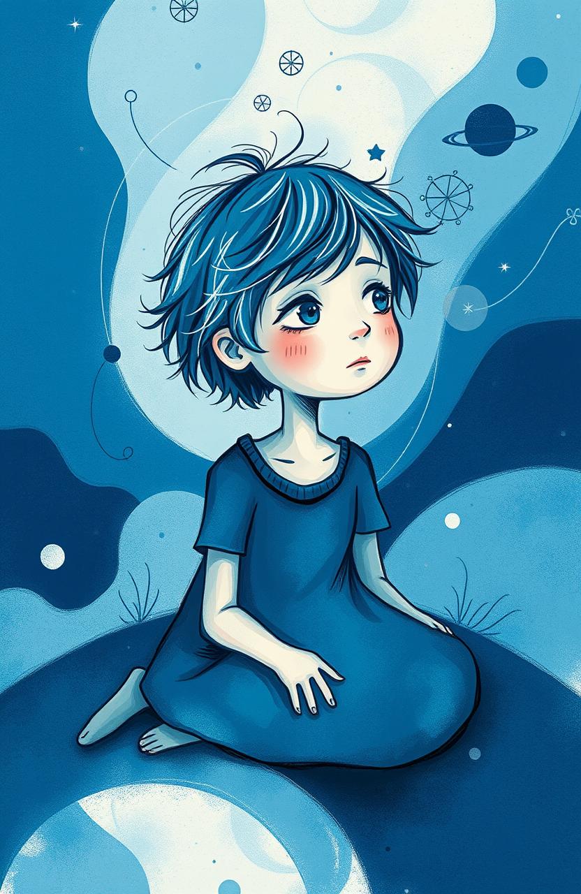 A whimsical, abstract portrayal of a young girl with messy short hair, lost in thought about her journey of strength, art, and self-discovery
