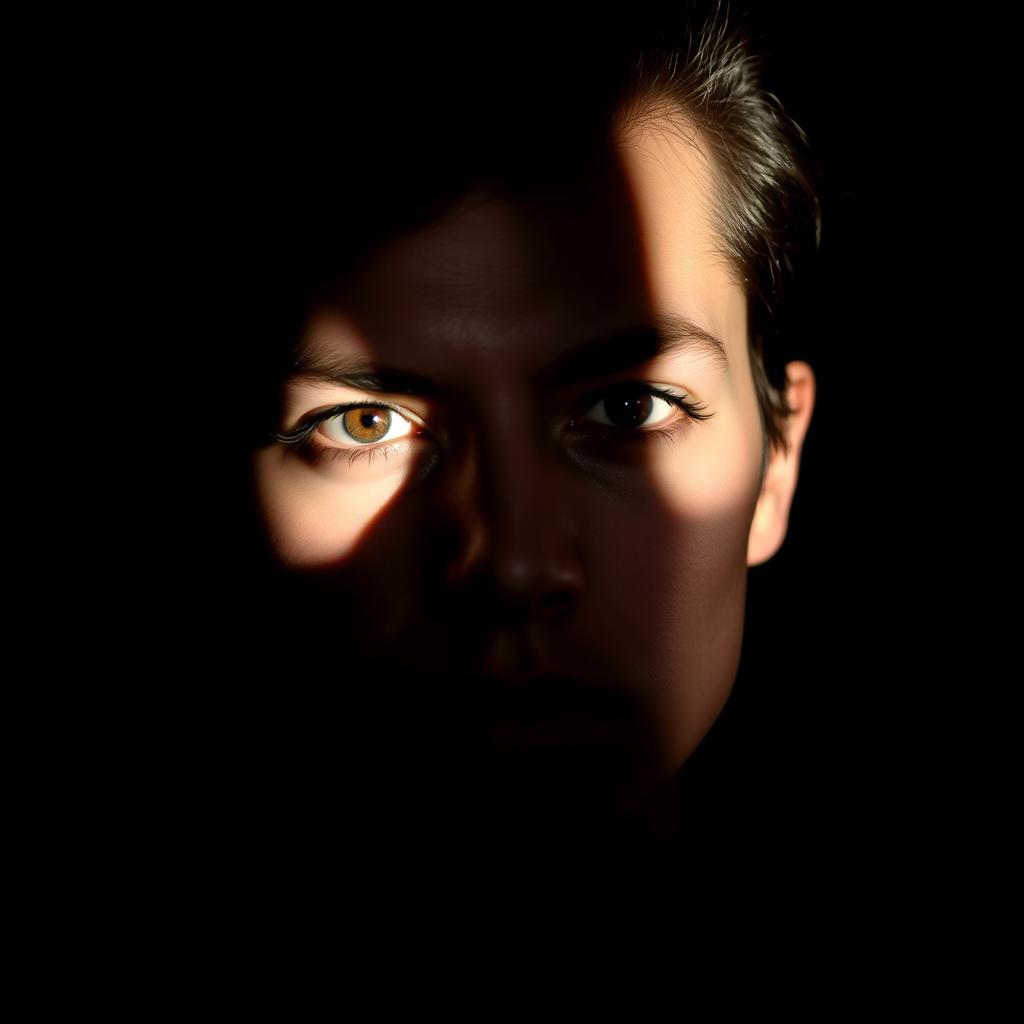 A striking high contrast portrait of a person, capturing dramatic lighting that highlights their facial features