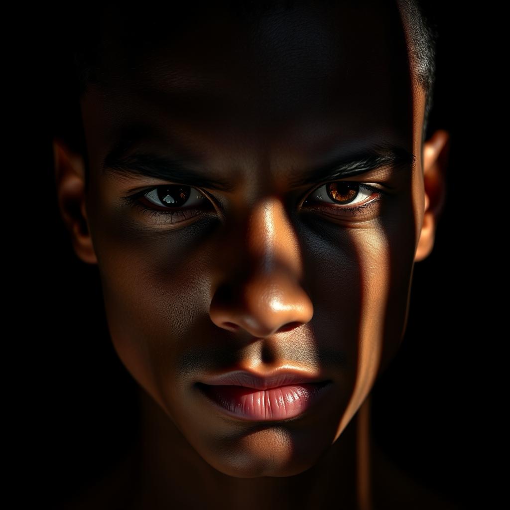 A high contrast portrait of a striking individual with dramatic lighting emphasizing facial features, deep shadows, and bright highlights
