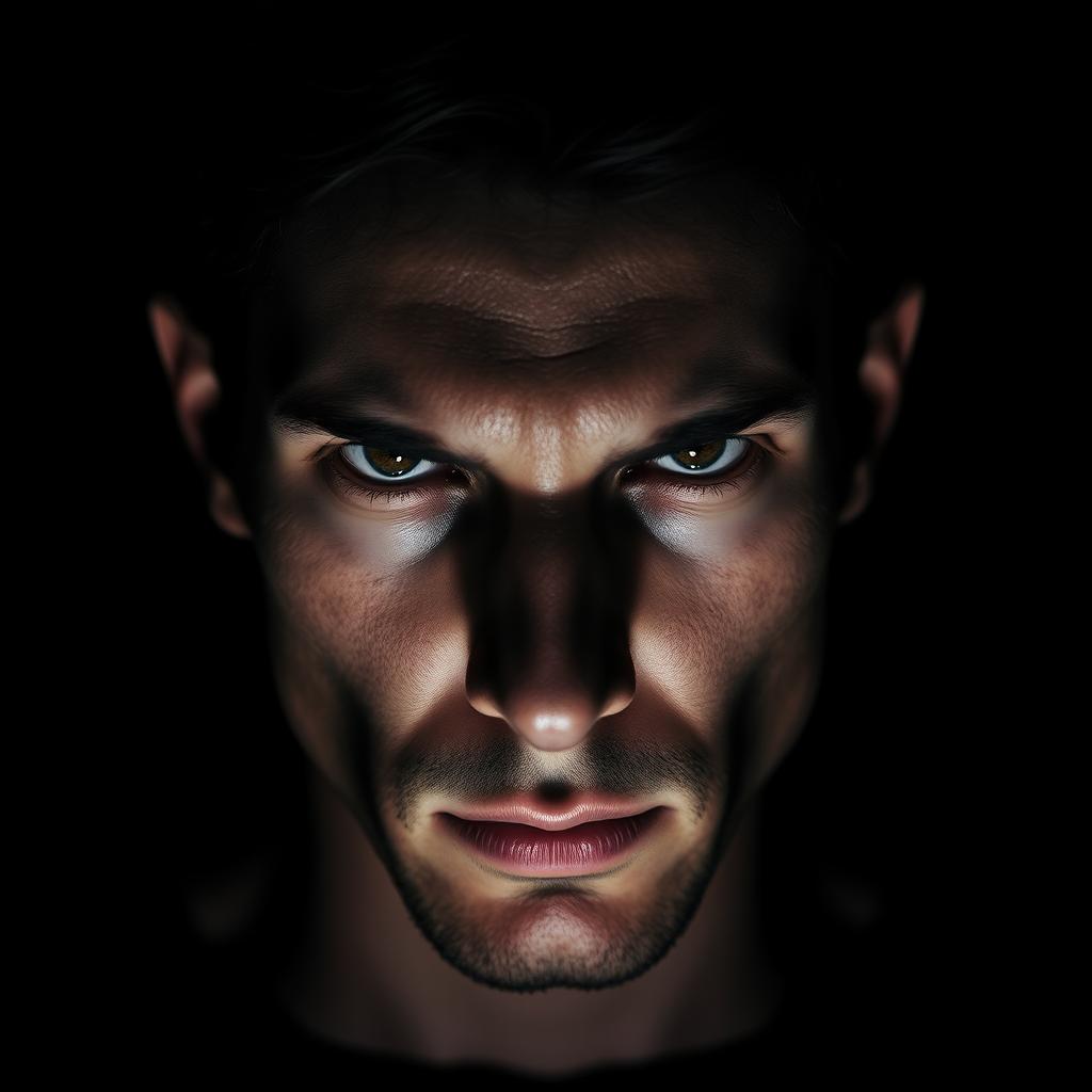 A high contrast portrait of a striking individual with dramatic lighting, highlighting their facial features, deep shadows, and bright highlights
