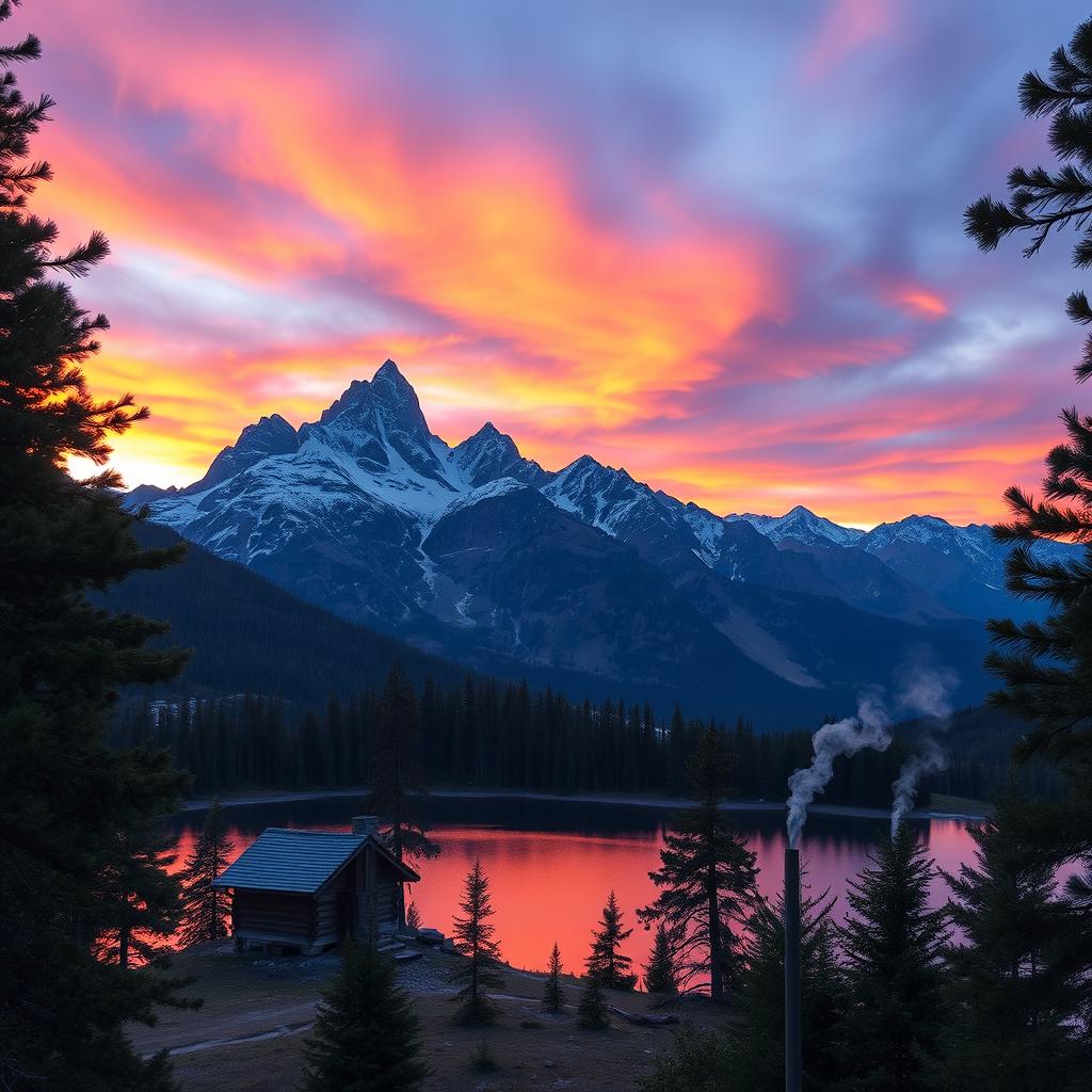 A serene mountain landscape during twilight, featuring high peaks with snow caps, a lake reflecting the colorful sky, and pine trees framing the scene