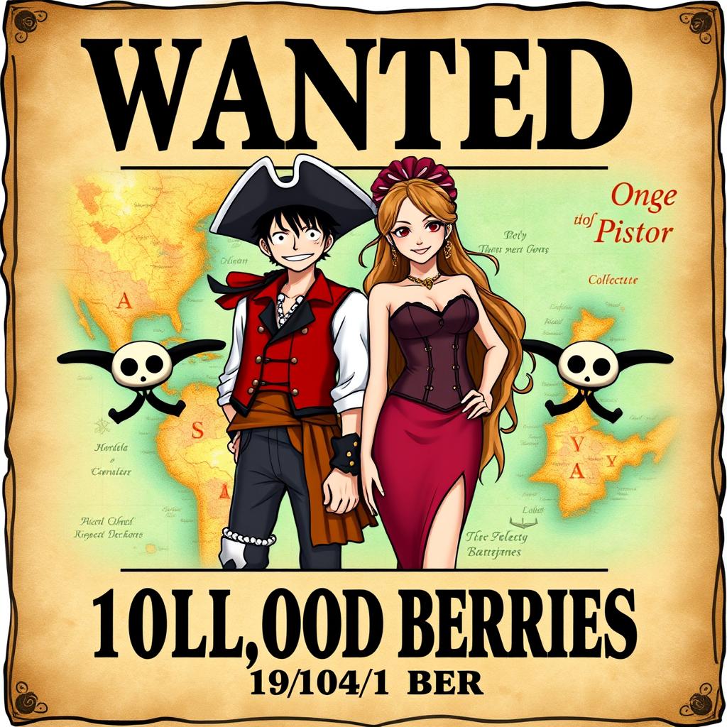 A custom "WANTED" poster in the classic One Piece style featuring two characters based on the user's photo and their partner's