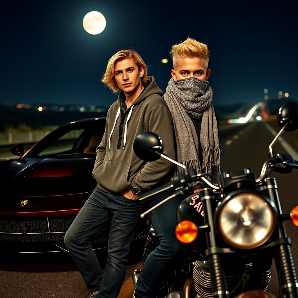 An Asian man with shoulder-length wavy blond hair wearing a hoodie leans against a sleek Ferrari car on a highway illuminated by moonlight at night