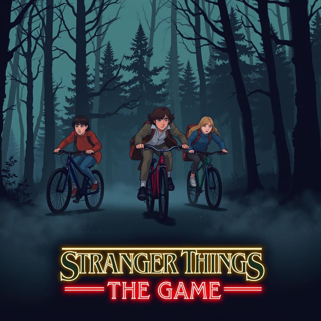 An illustration capturing the essence of the Stranger Things intro, featuring characters and elements from "Stranger Things: The Game"