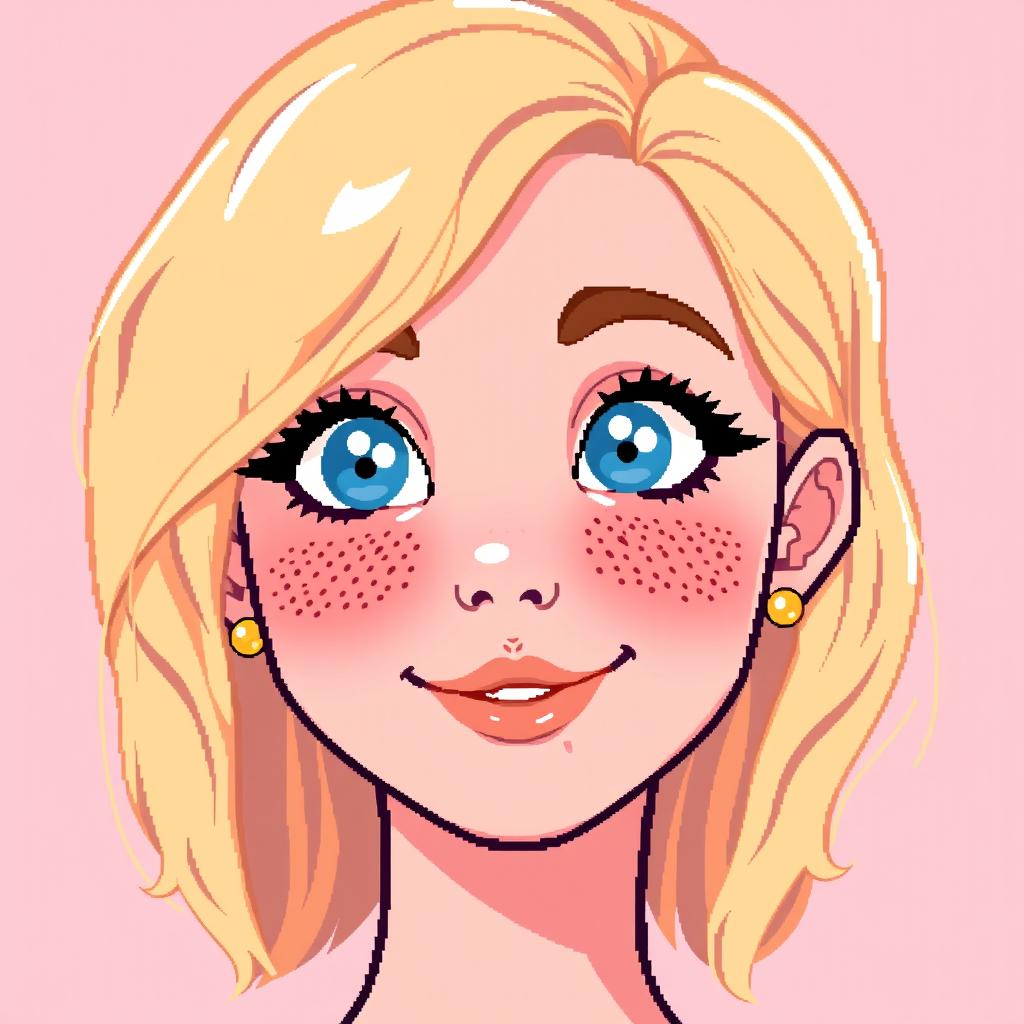 A vibrant pixel art avatar at 64x64 pixels in a retro style, featuring a young woman with soft facial features and a warm expression