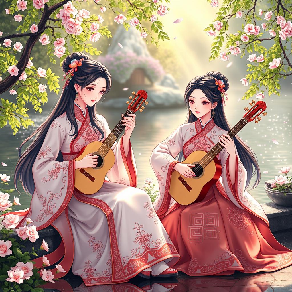 Two Chinese princesses sitting by the water, playing musical instruments