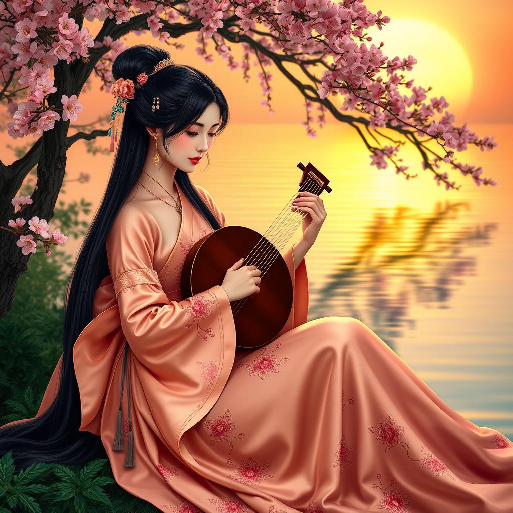 A beautiful Chinese princess sitting gracefully by the water, playing a traditional musical instrument
