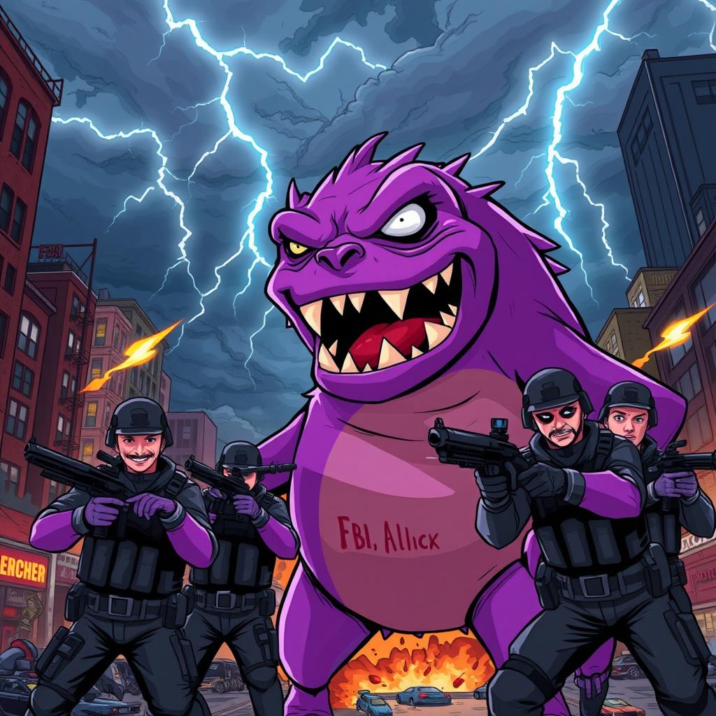 A dramatic scene featuring a purple, cartoonish monster resembling a typical anime style, looking shocked as it is confronted by FBI agents in tactical gear