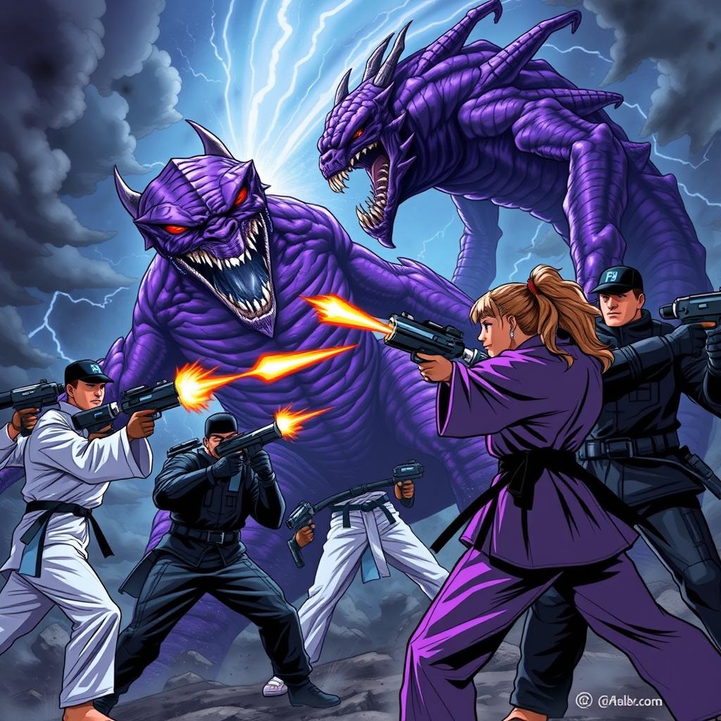 An intense scene depicting a fierce purple monster being confronted by FBI agents, who are shooting at it with futuristic weapons