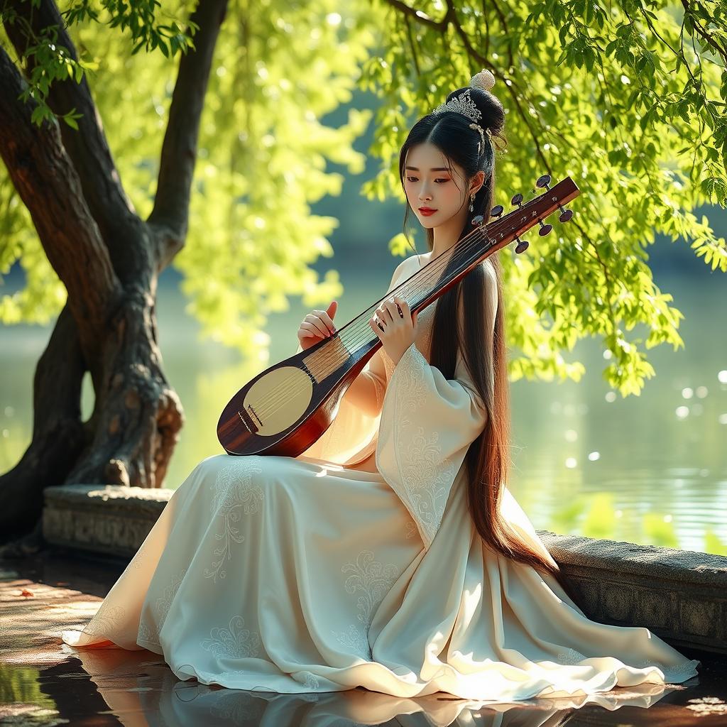 A Chinese princess sitting gracefully beside a serene body of water, playing a traditional musical instrument