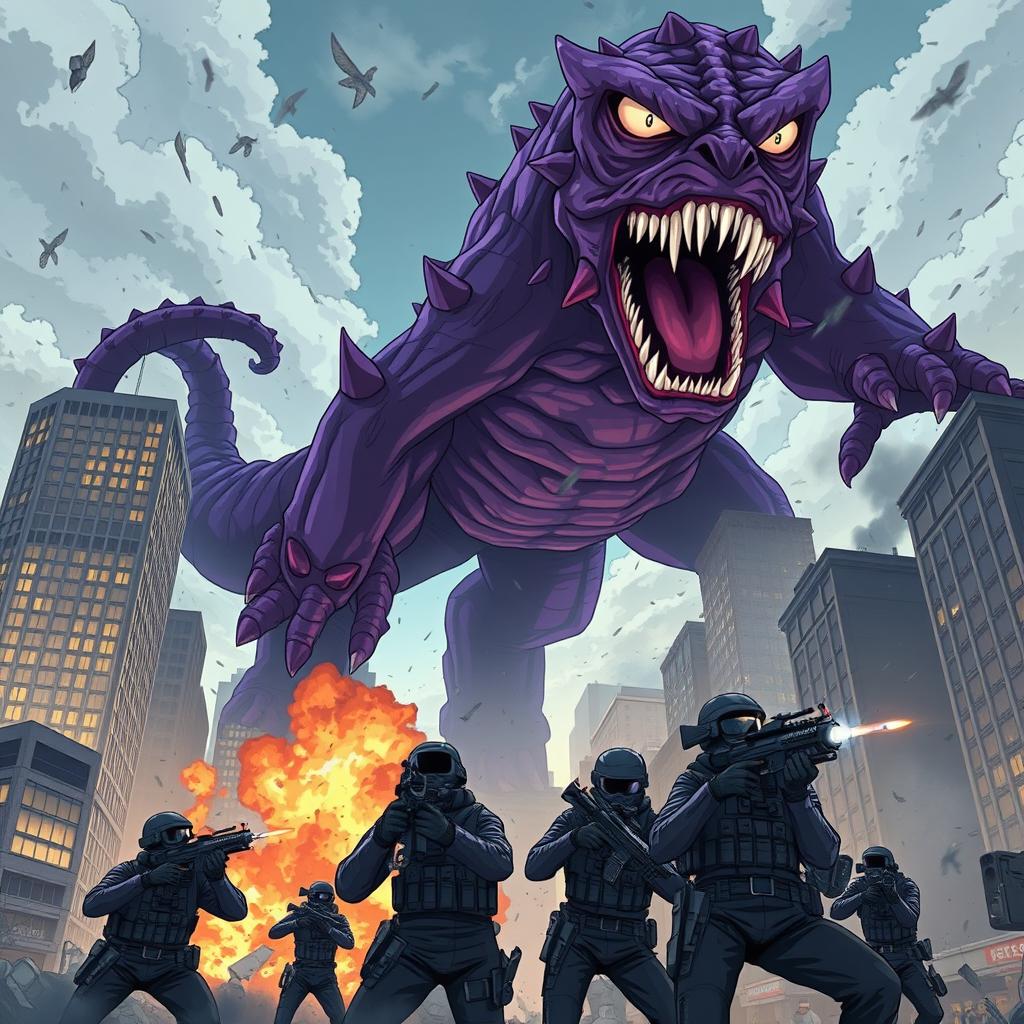A dramatic scene featuring a gigantic purple monster rampaging through a city, towering over skyscrapers as it attacks FBI agents below