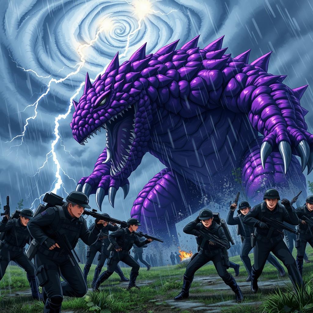 A breathtaking anime scene showcasing a massive purple monster launching a ferocious attack on FBI agents in a stormy setting