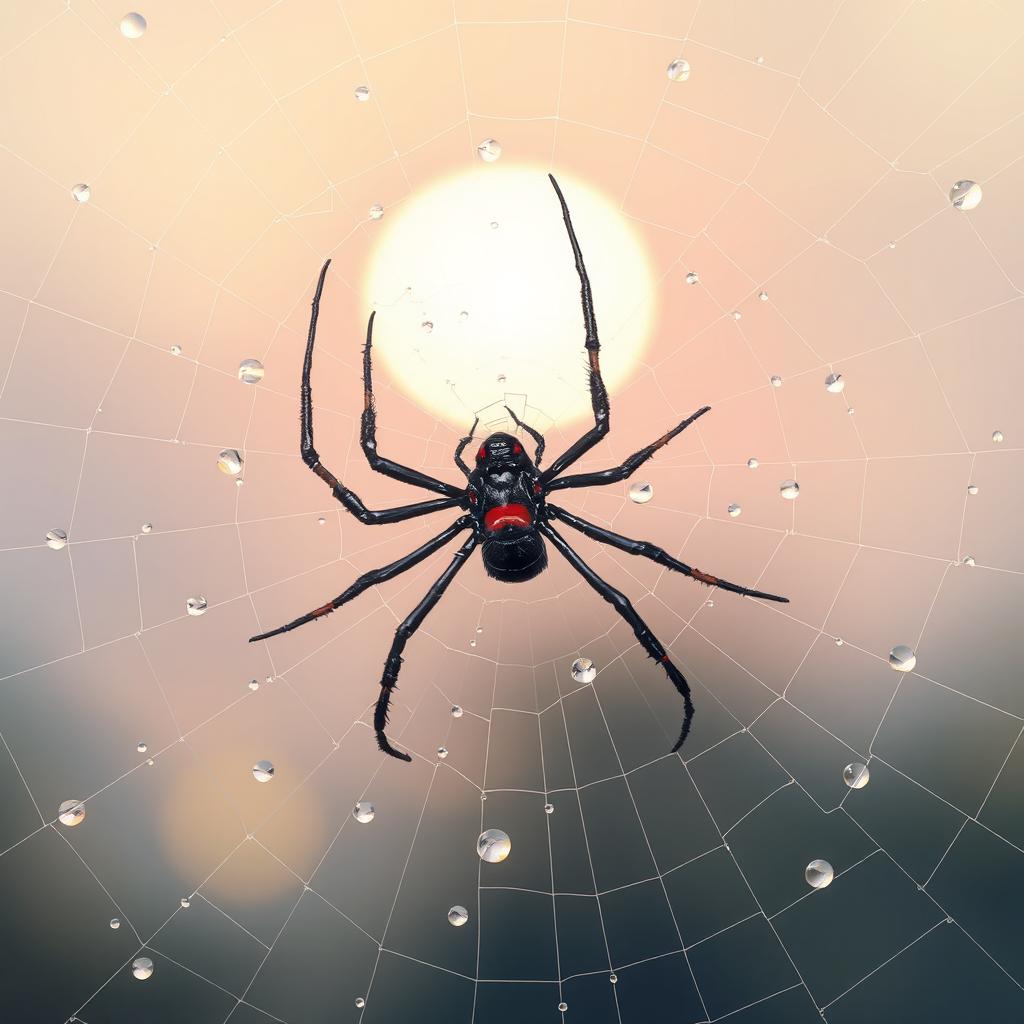 A detailed illustration of a spider spinning an intricate web in the early morning light