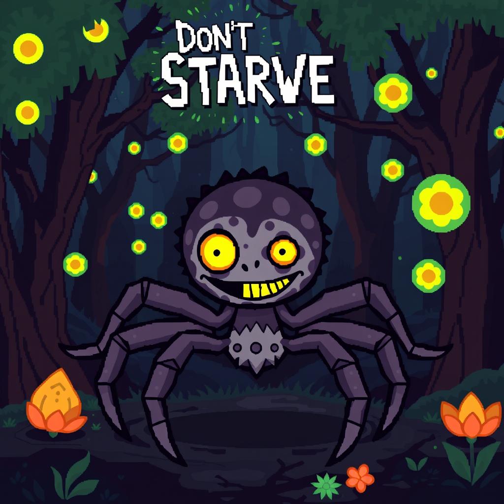 Webber from Don't Starve, portrayed in a vibrant pixel art style, featuring his signature spider-like traits, including multiple limbs, a mixture of human and arachnid features, with a playful expression